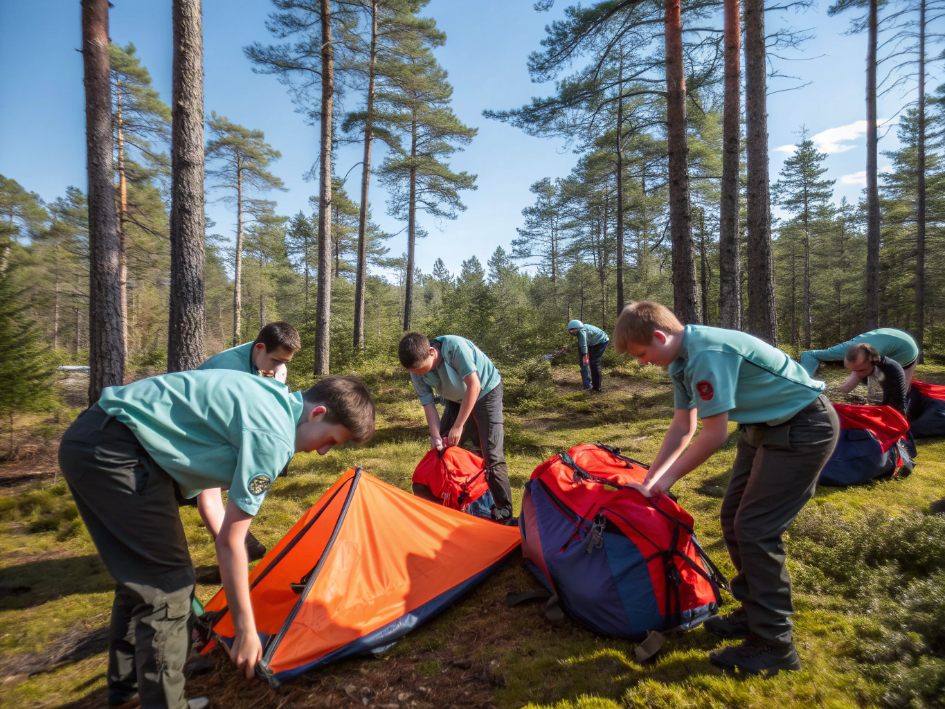 Scouts camping with tents in mountain forest