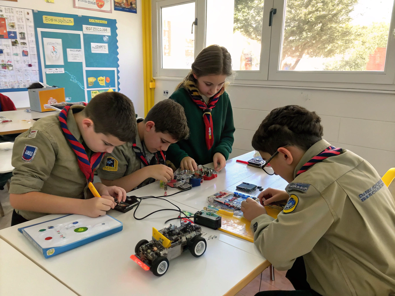 Scouts working together assembling wooden outdoor gear
