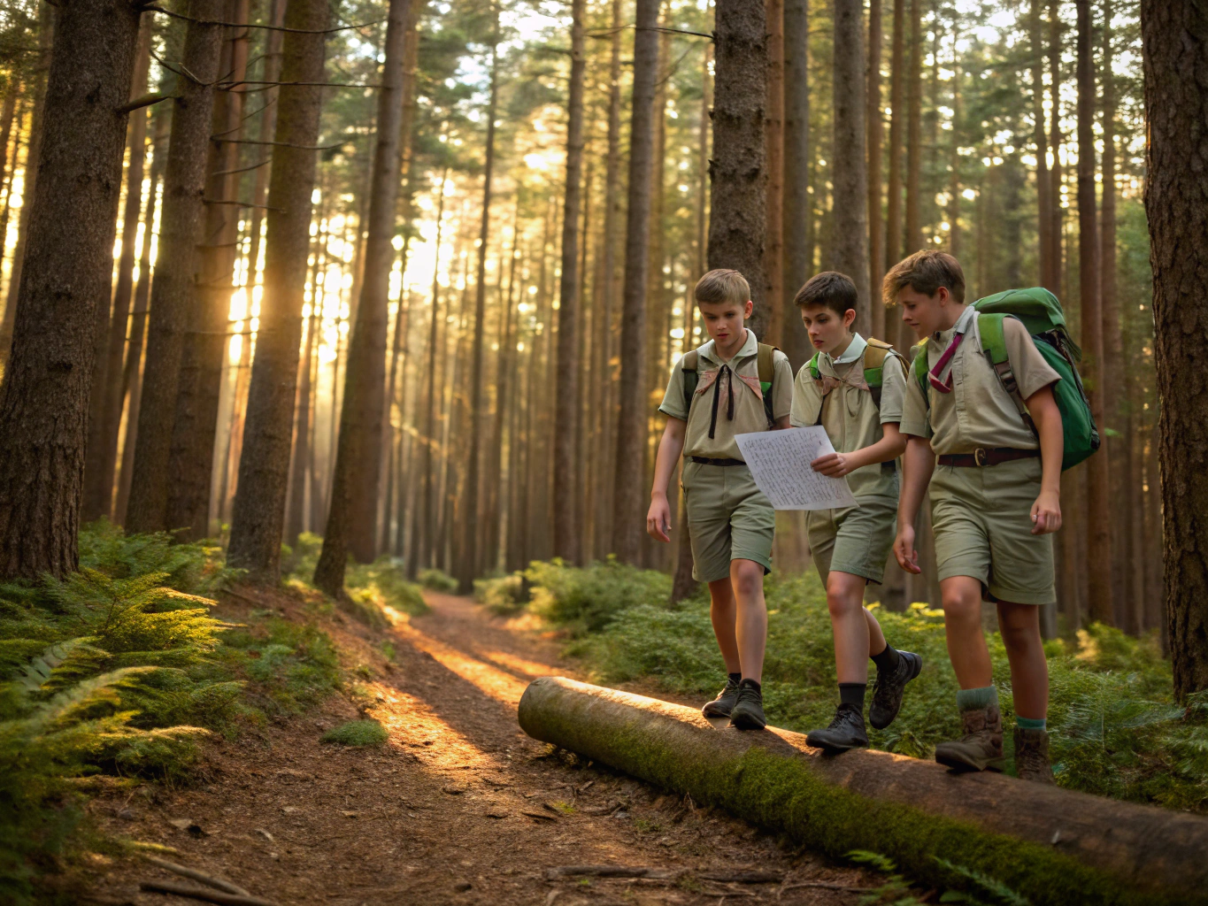 Scout group hiking on mountain trail overlooking scenic lake