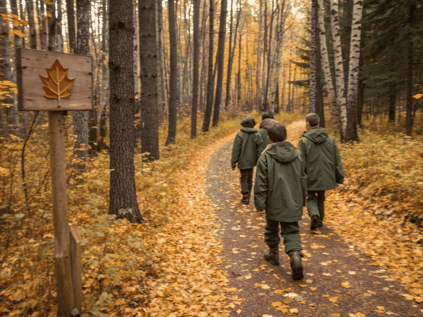 Scouts hiking trail with backpacks in autumn foliage