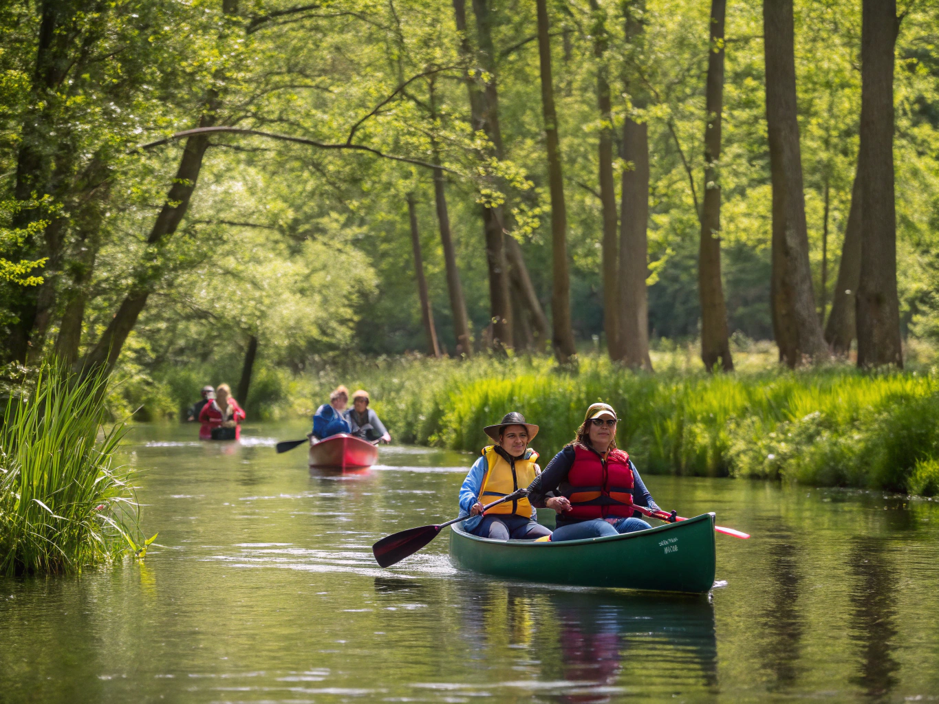 Scouts paddling canoes along scenic river waters