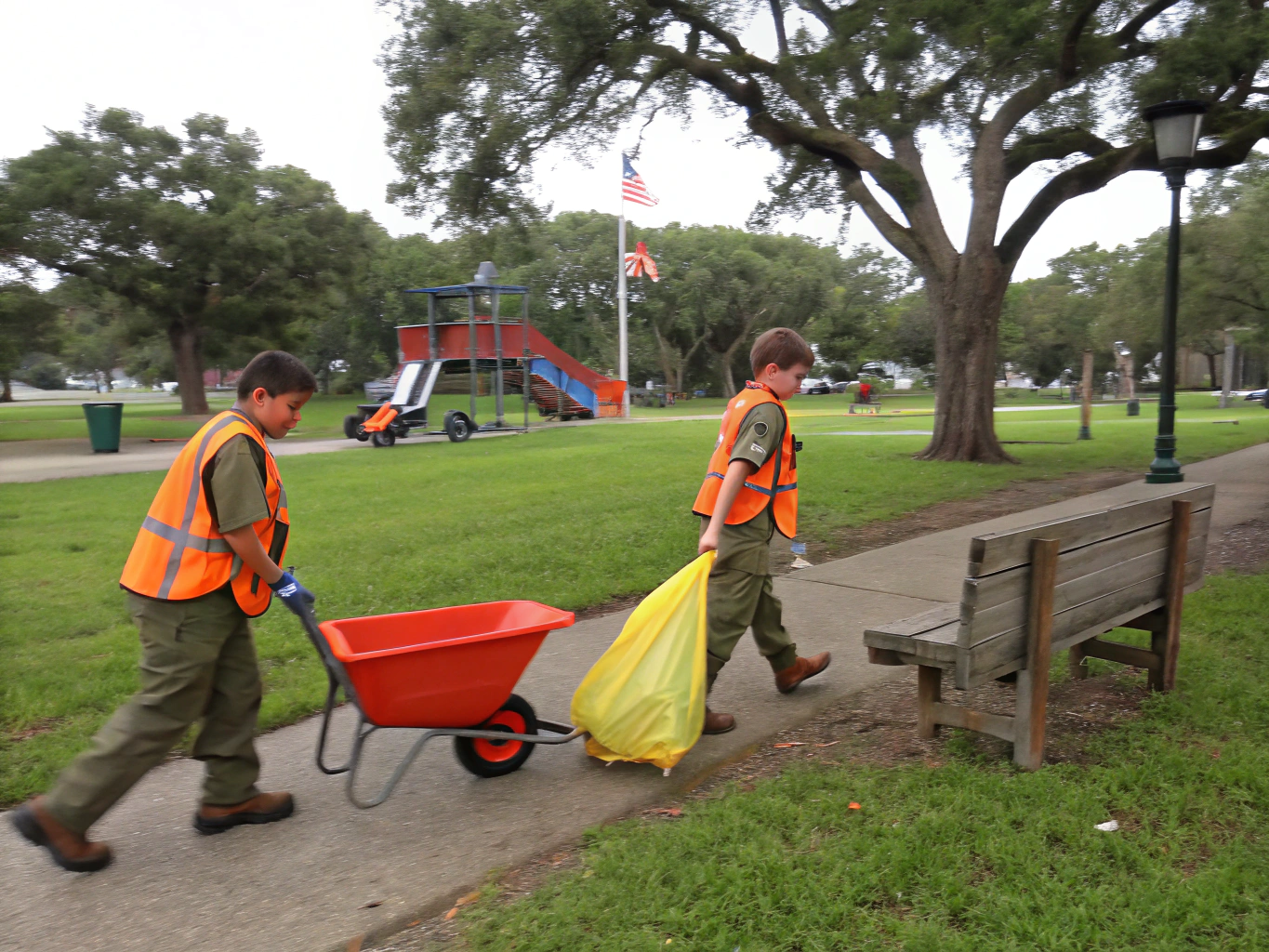 Scouts working together on outdoor trail maintenance