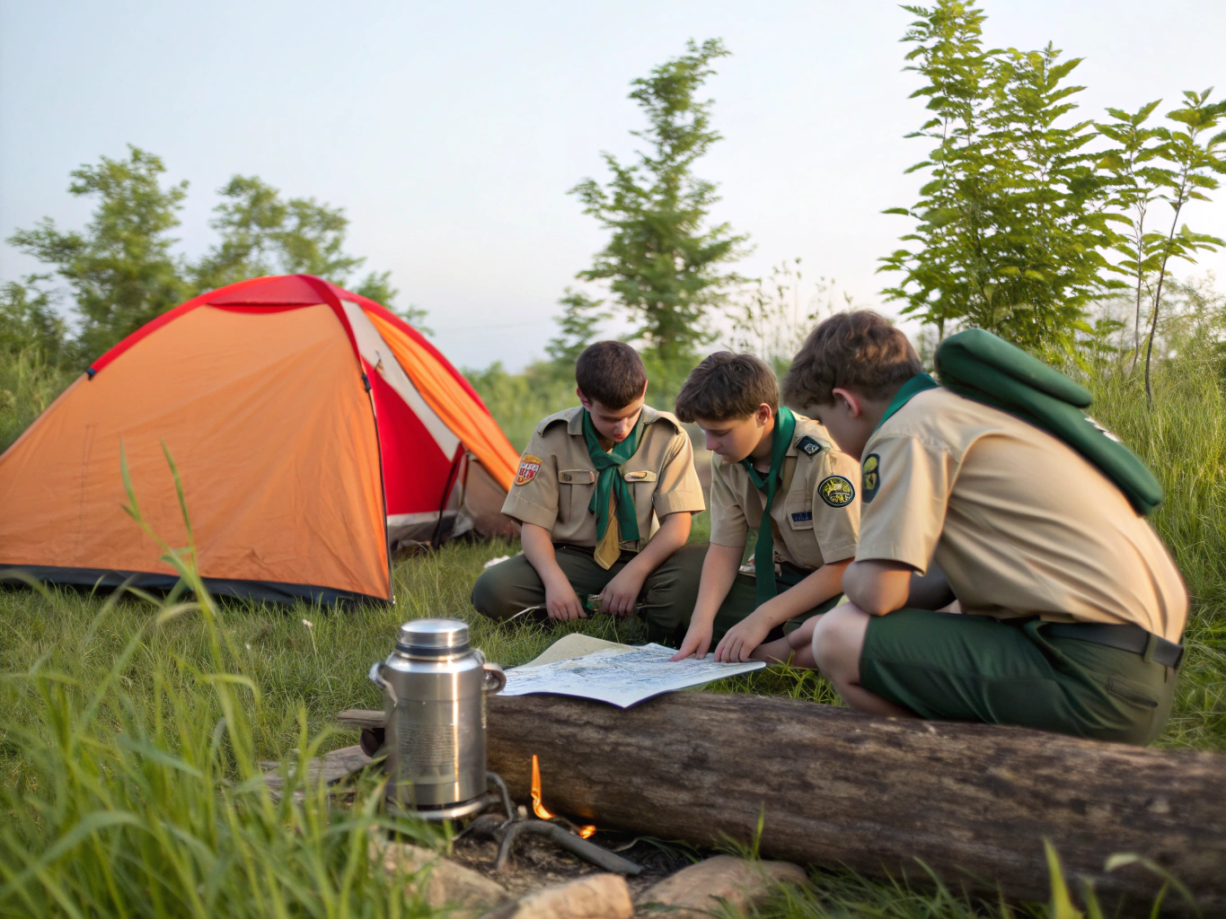 Scouts at lakeside summer camp assembly