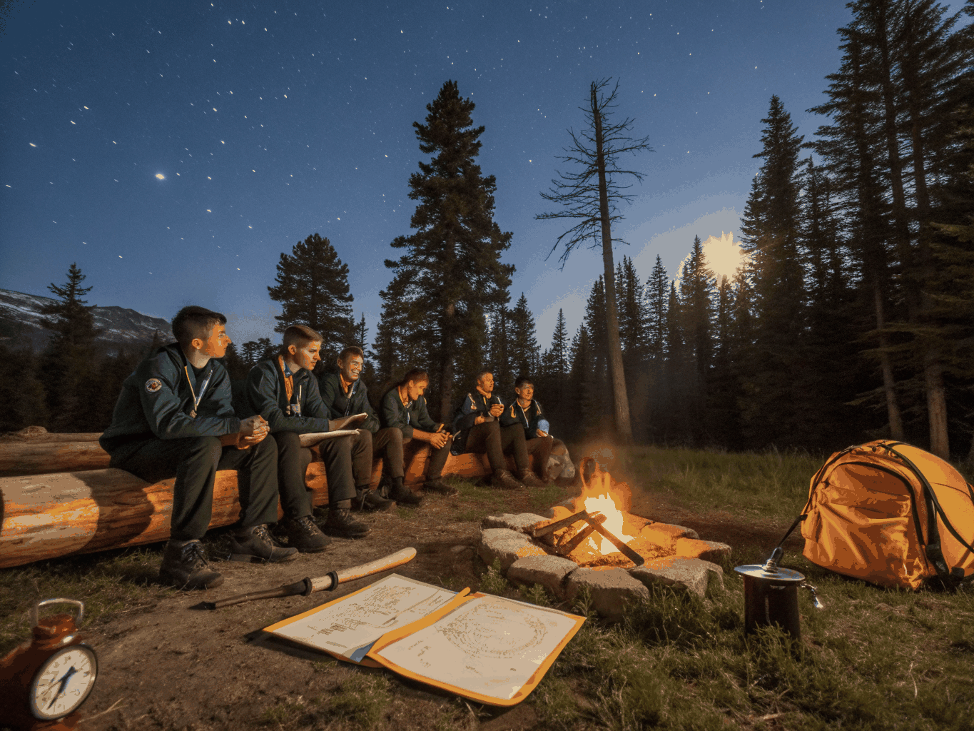 Scouts paddling canoes across a serene mountain lake during summer high adventure