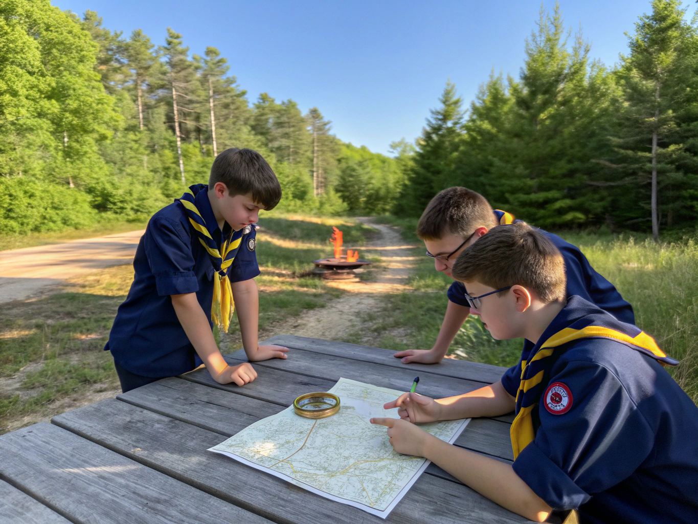 Scout patrol leaders reviewing map and plans during an outdoor briefing